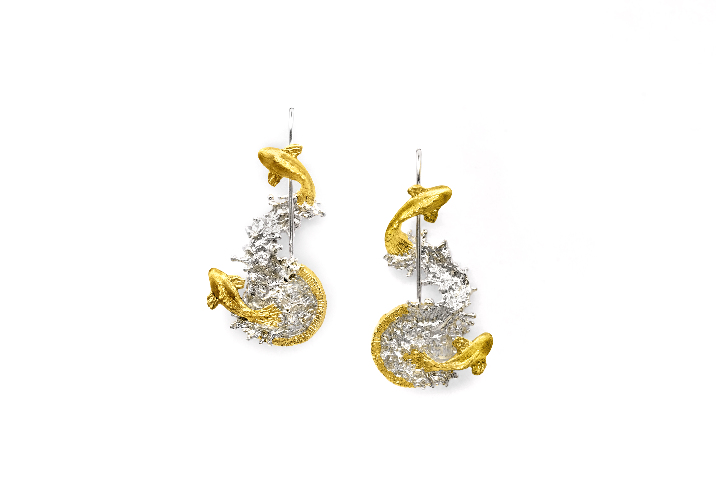 Leaping Fish earrings - Sterling silver, Gold vermeil
