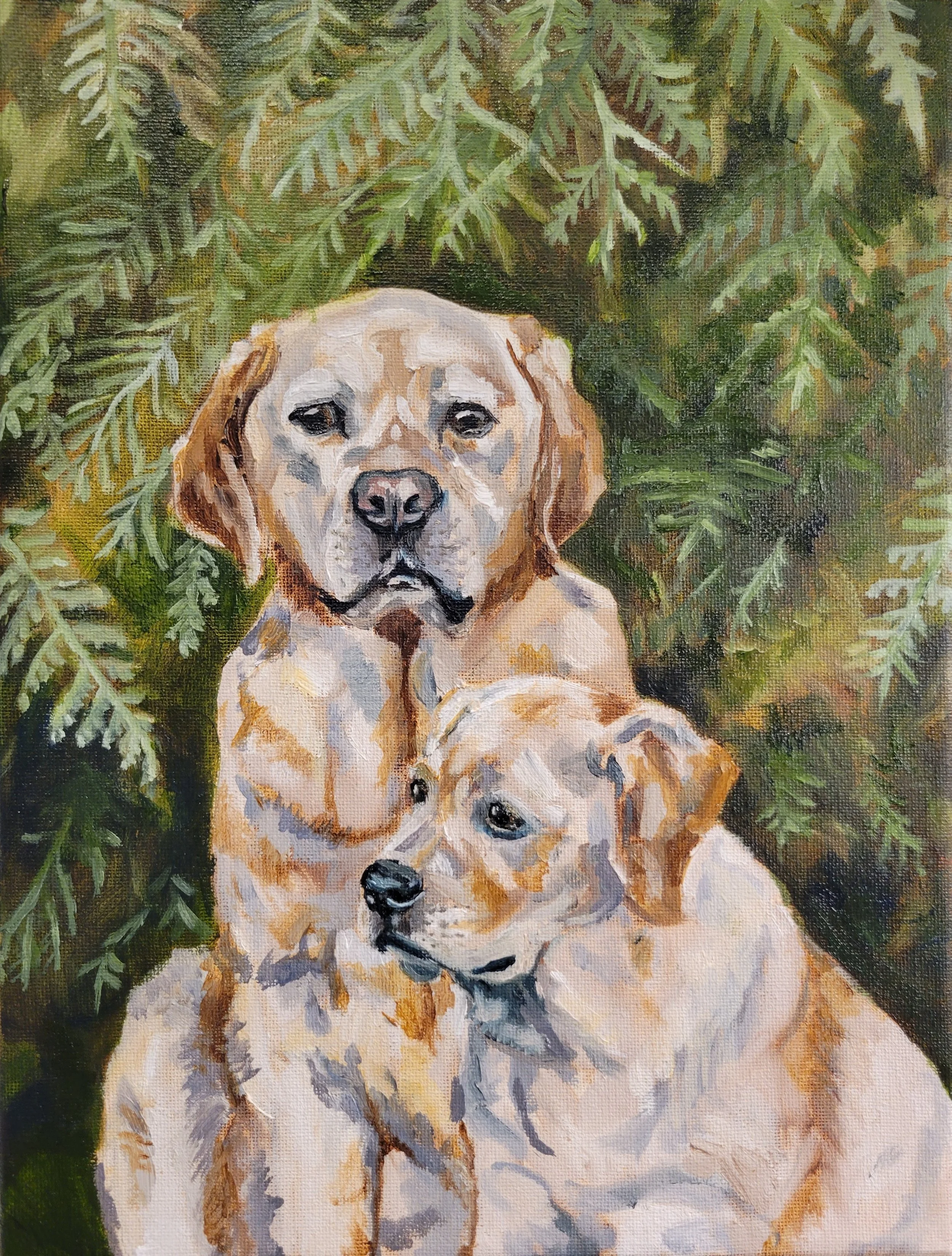 Painting of two golden retrievers sitting in front of leafy green foliage.