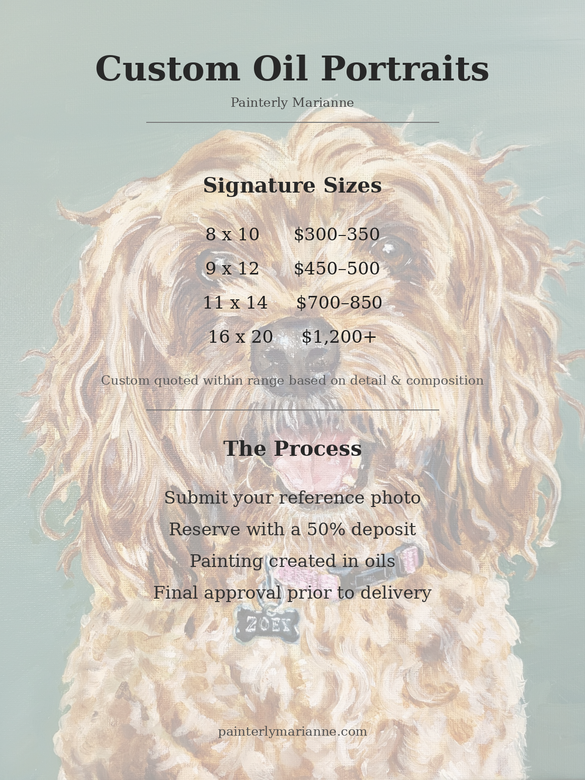 Flyer for custom oil portraits featuring a background painting of a fluffy dog with a collar and tags, with text detailing sizes, prices, and process for ordering a portrait.