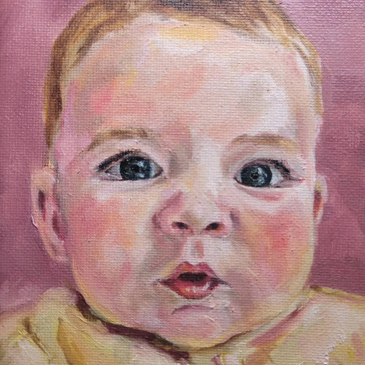 Close-up of a painted portrait of a baby with big blue eyes, light skin, and blonde hair, against a pink background.