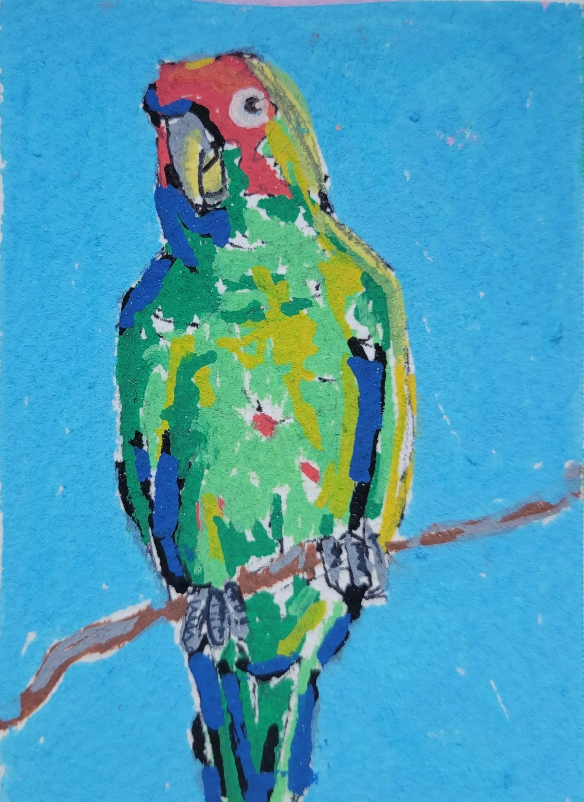 Colorful painting of a parrot perched on a branch with a blue background.