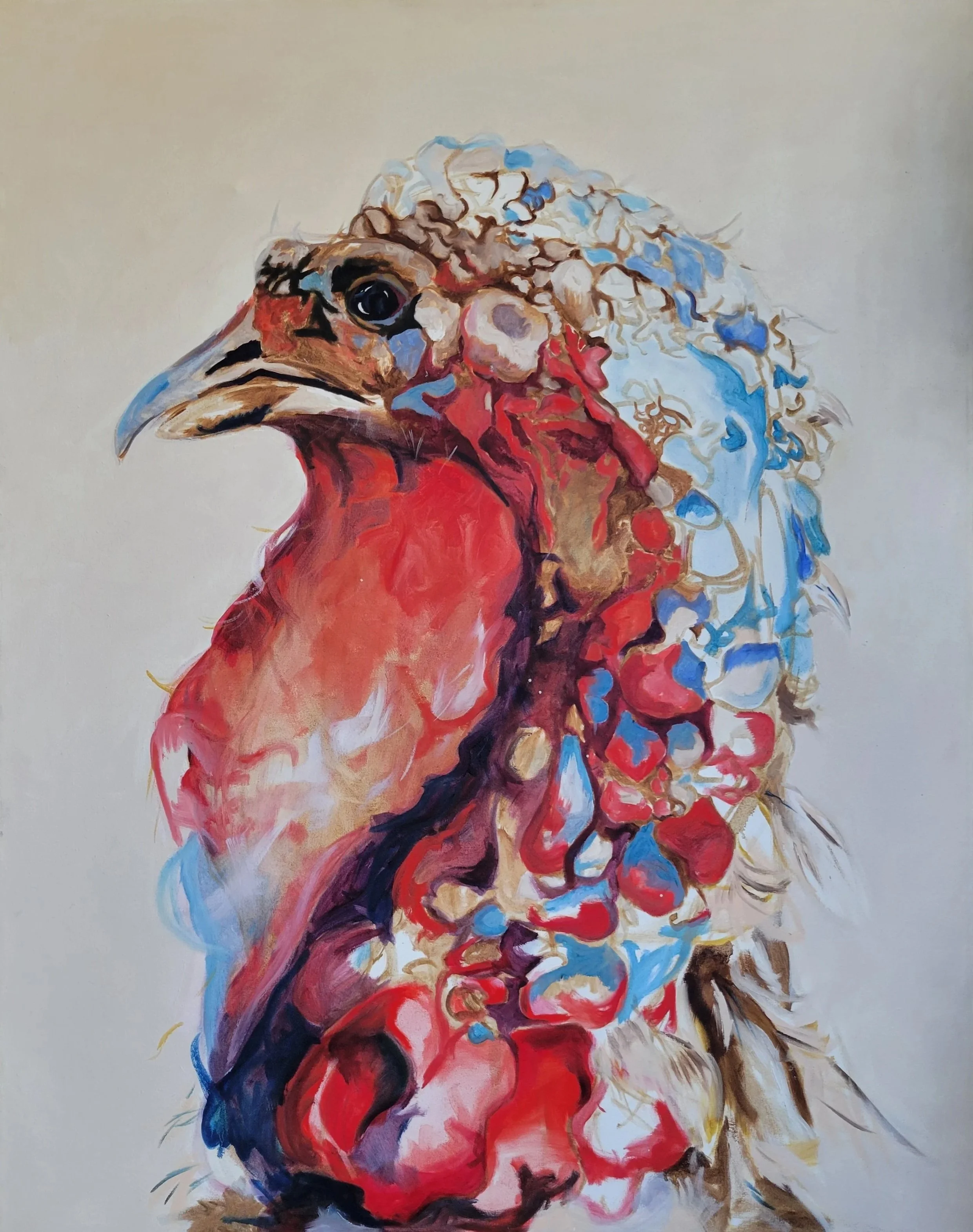 Abstract painting of a bird's head with vibrant red, blue, brown, and white colors.