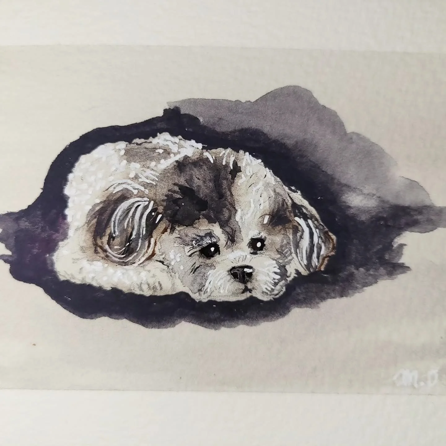 Painting of a cute puppy lying on a dark surface, with detailed fur and expressive eyes.
