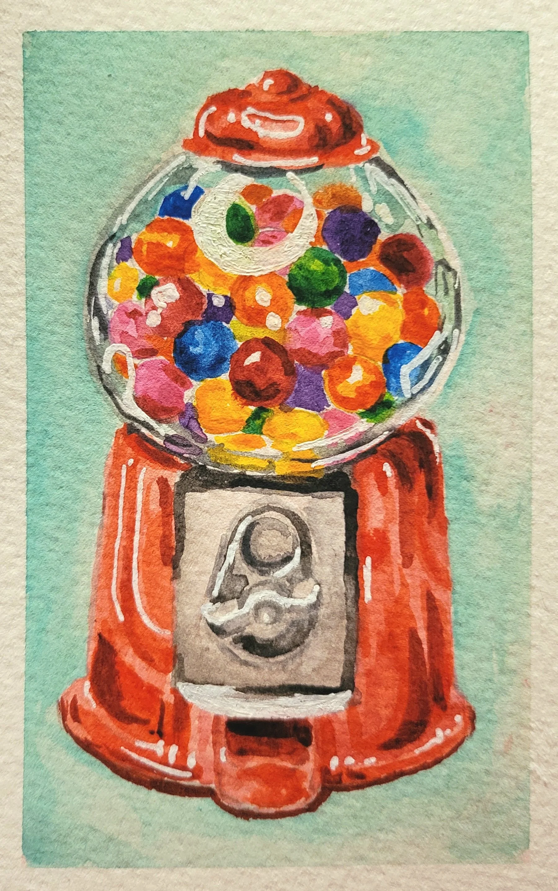 A colorful watercolor painting of a gumball machine filled with multicolored gumballs, with a green background.
