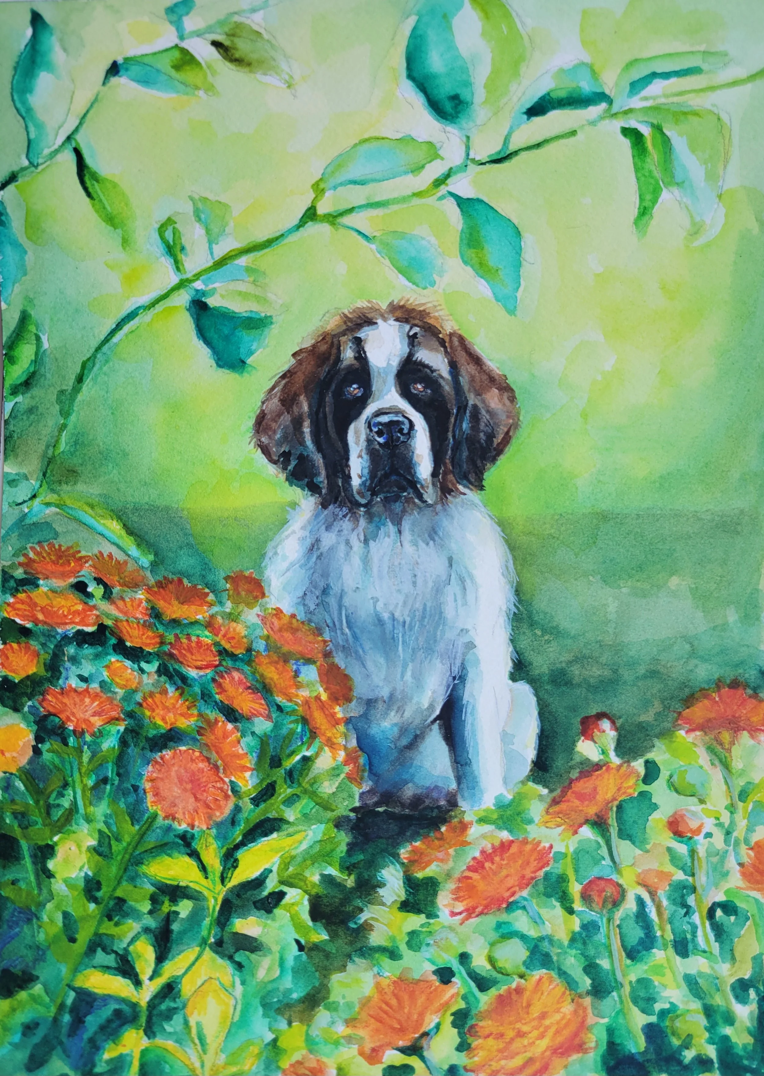 Watercolor painting of a dog sitting among orange flowers and green foliage, with more green leaves in the background.