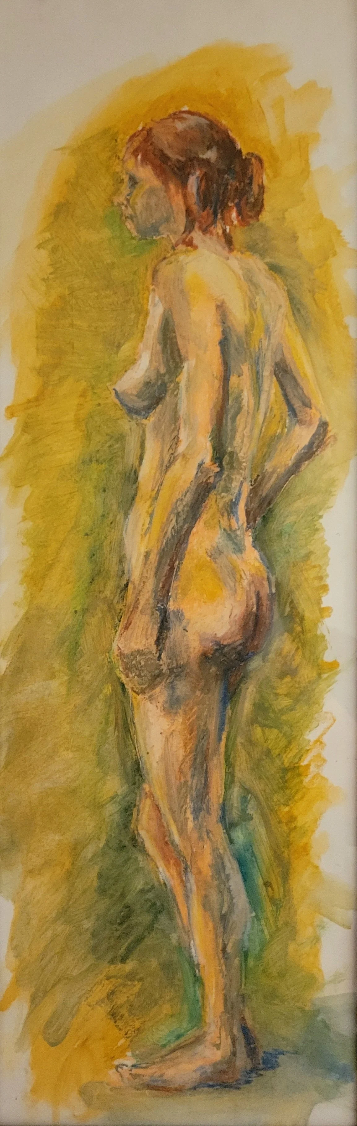 Watercolor painting of a nude woman seen from the back with her hair in a bun, standing against a yellow and green background.