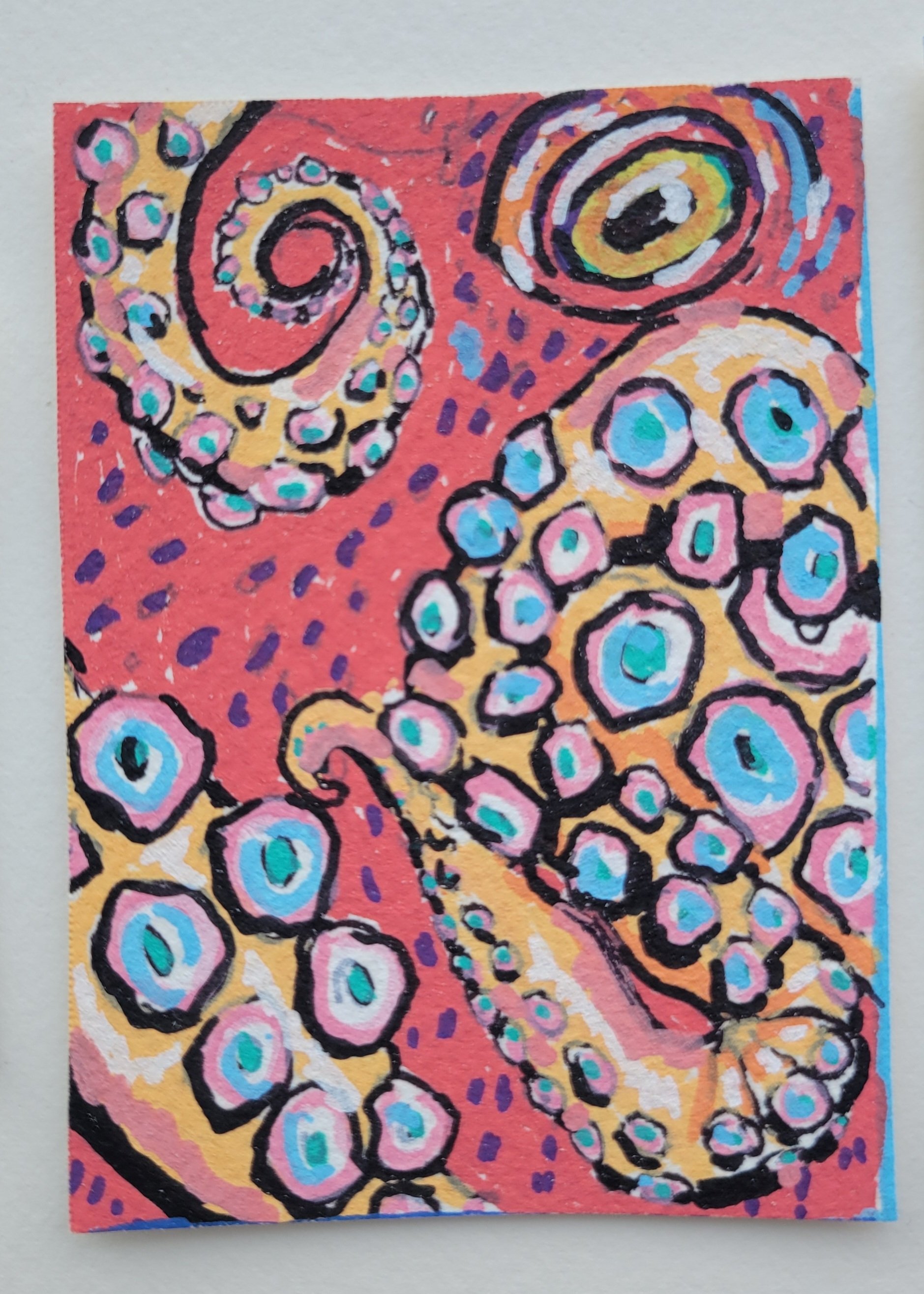 Colorful abstract painting with swirling patterns, circles, and bold black outlines on a red and yellow background.