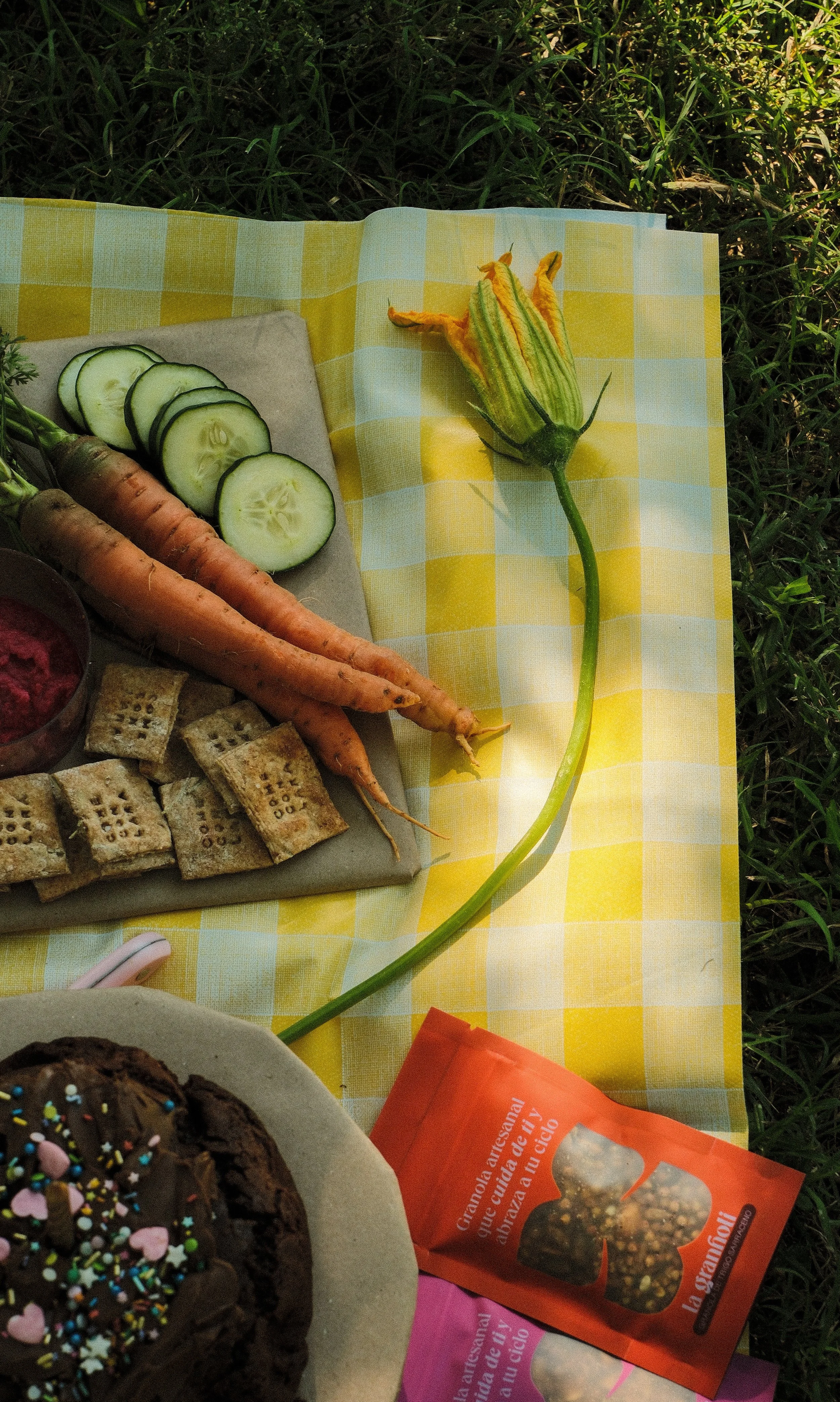A picnic setup on a yellow checkered blanket featuring sliced cucumbers, carrots, graham crackers, a chocolate decorated cupcake, and a yellow flower on the grass.