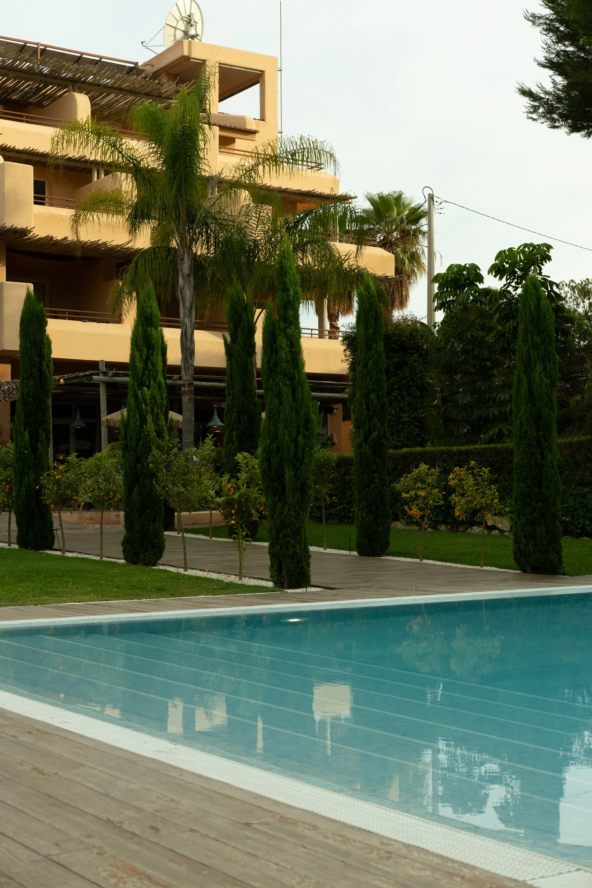 A swimming pool with clear water reflecting the surroundings. A wooden deck borders the pool, with lush green bushes and tall, narrow cypress trees behind it. In the background, there are beige buildings with balconies and tropical plants, including 