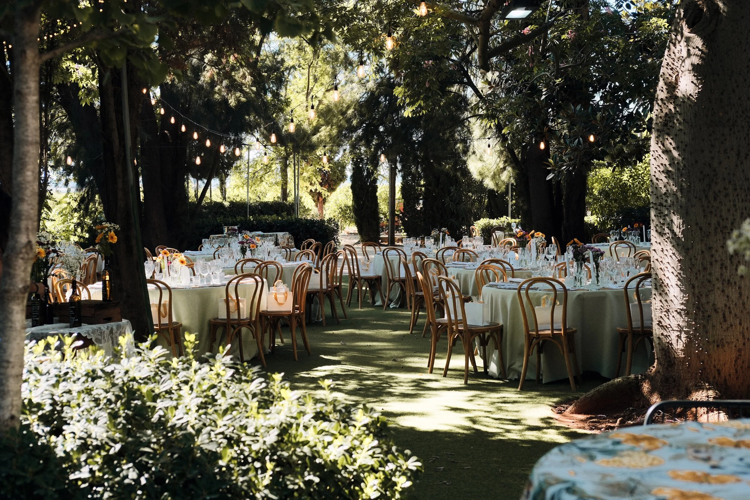 Outdoor event setup with round tables covered in white tablecloths, arranged in a lush garden with tall trees and string lights hanging overhead, and decorated with colorful flower arrangements.