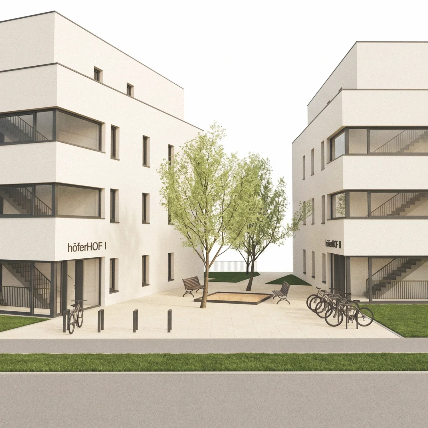 Ein Ensemble aus Zwillingshäusern mit einem minimalistischen Privatplatz und Bäumen.