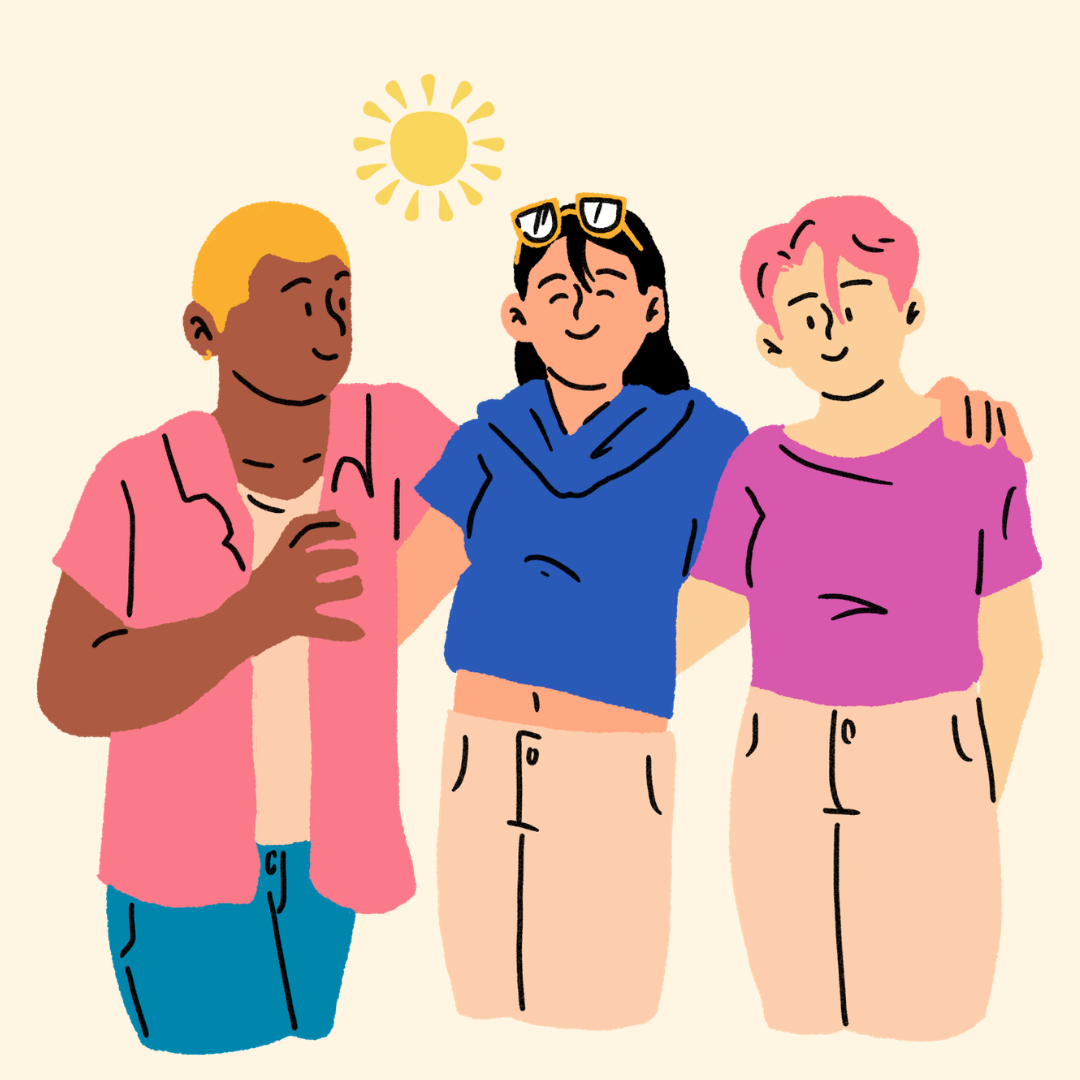 Three friends stand together smiling under a bright sun; one with blond hair, another with black hair and sunglasses, and the third with pink hair, all wearing colorful casual clothing.