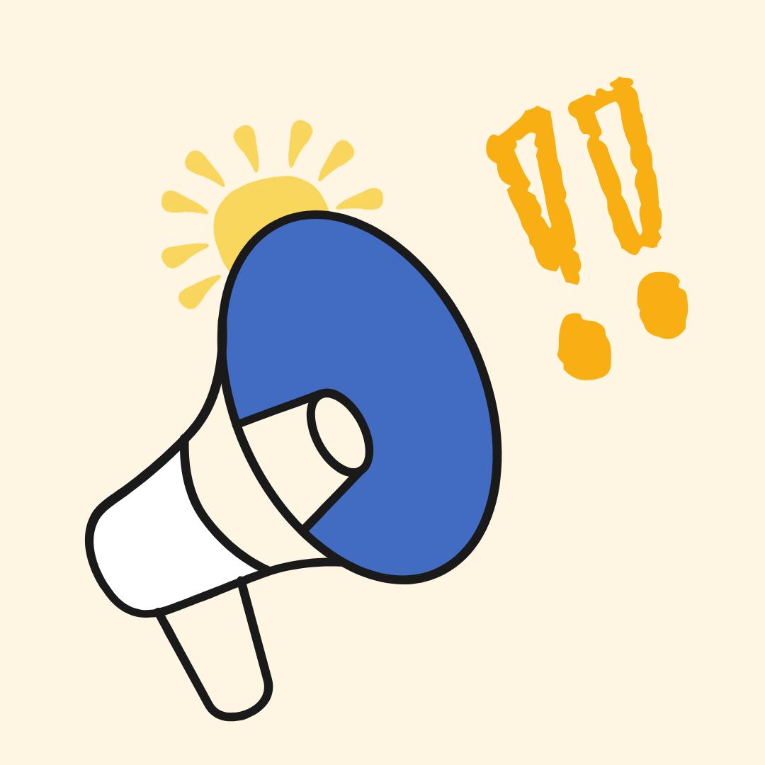 A cartoon illustration of a megaphone with a sun and exclamation marks in the background.