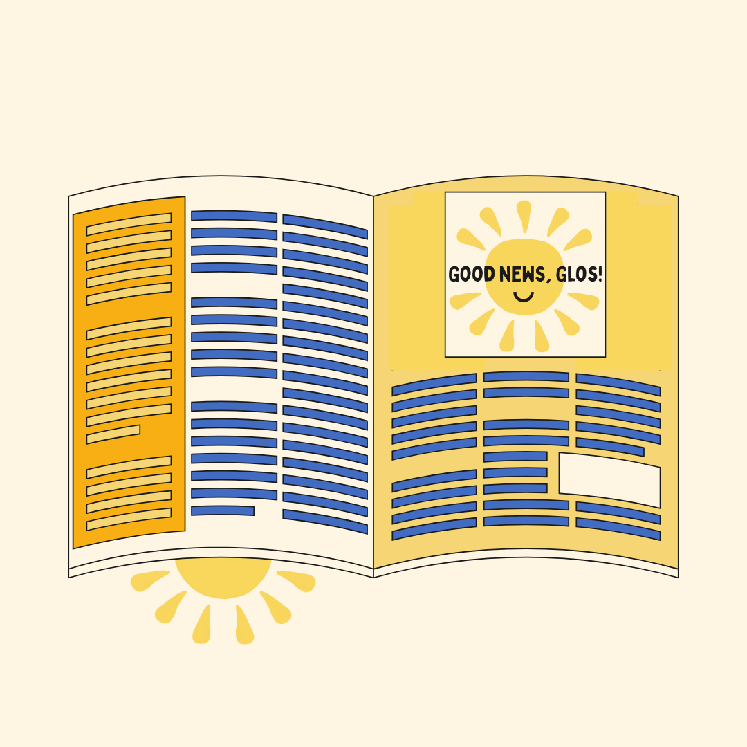 A colorful, cartoon-style illustrated newspaper with bright yellow and orange sections, featuring the Good News, Glos! sun logo in the centre.