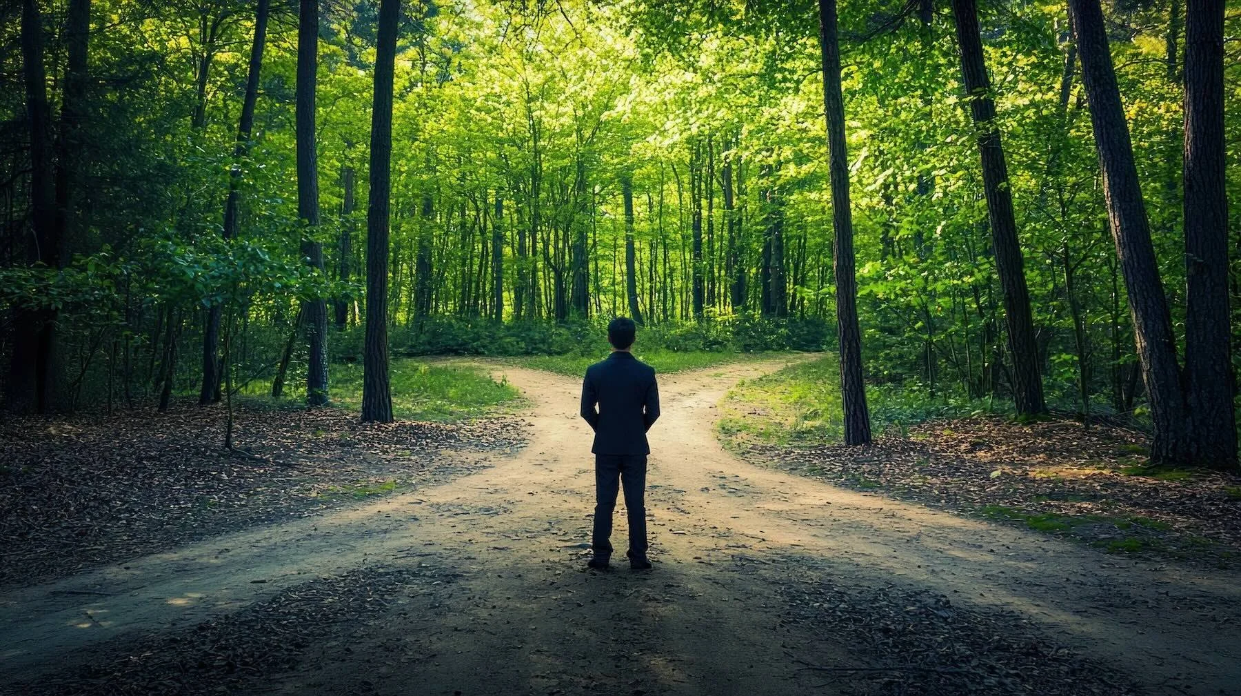 Mensch an einer Weggabelung im Wald als Symbol für innere Konflikte und widersprüchliche Entscheidungen