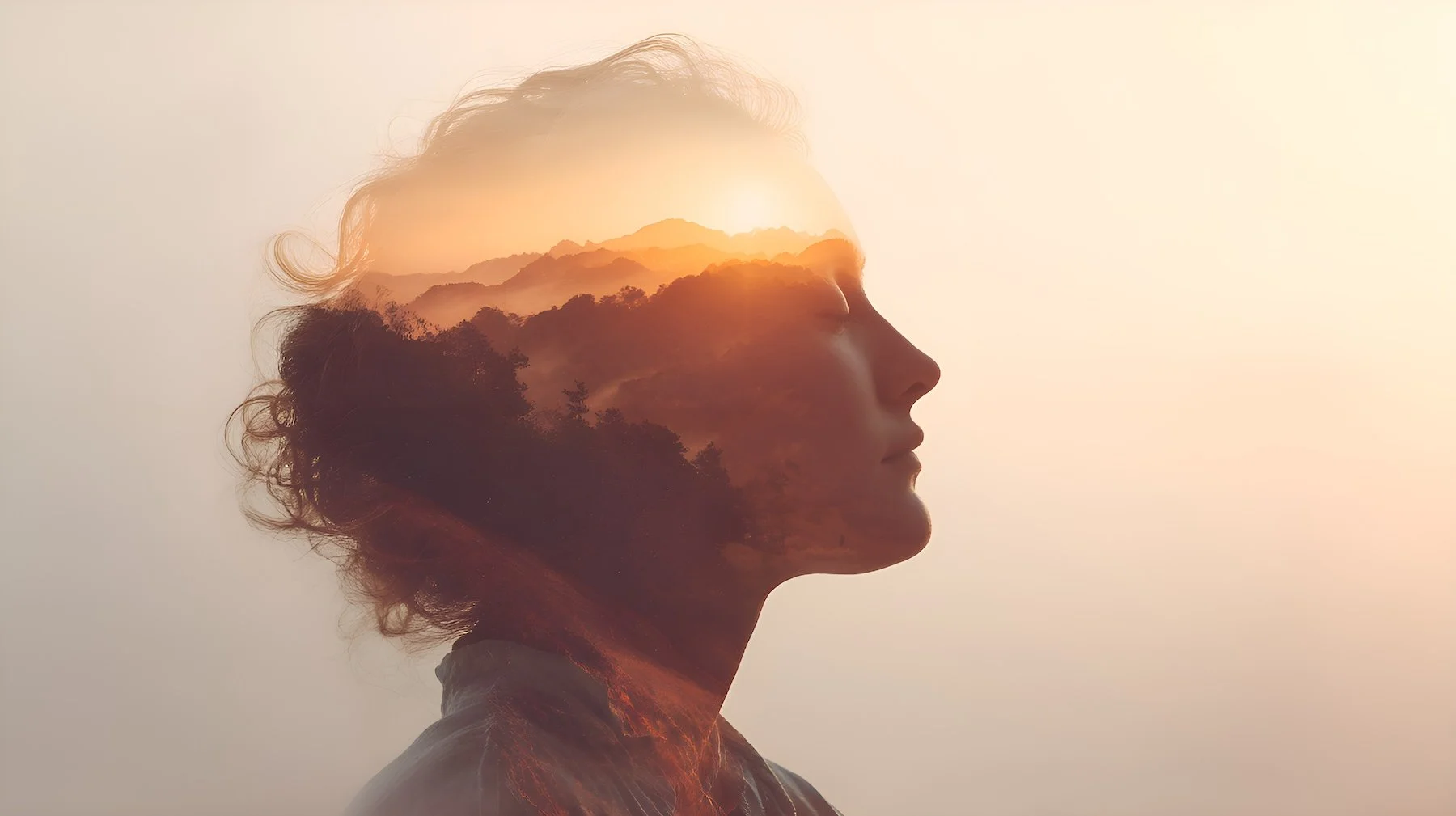 Frau im Profil mit Landschaft als Symbol für das Verstehen der eigenen inneren Welt in der Psychotherapie