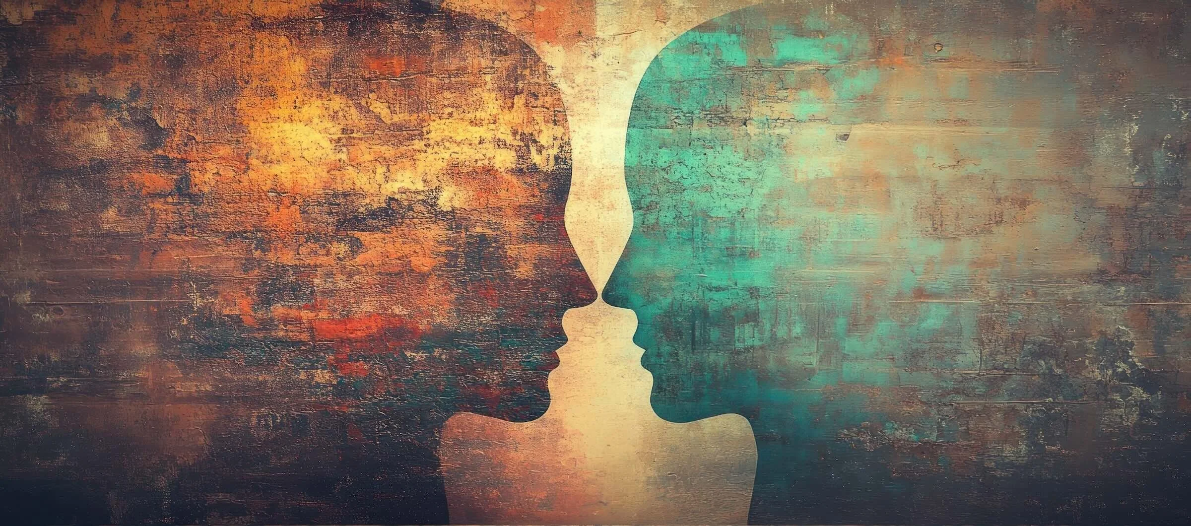 Abstrakte Darstellung zweier Gesichter als Symbol für Psychoanalyse, analytische Psychotherapie und zwischenmenschliche Beziehungen.