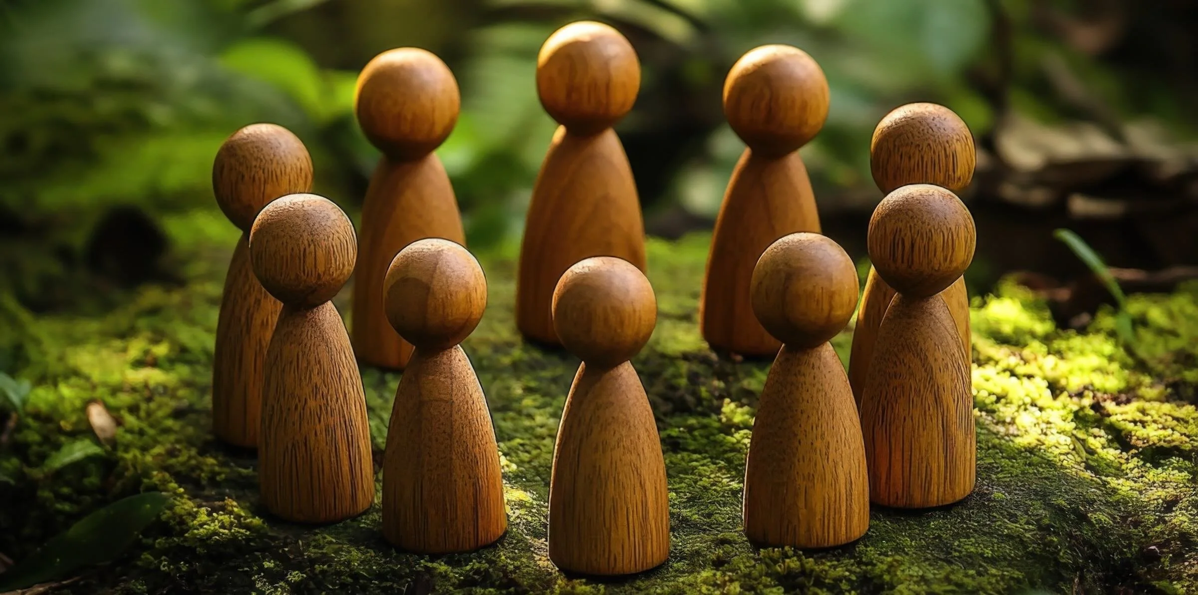 Holzfiguren in einer Gruppe als Symbol für analytische Gruppentherapie und zwischenmenschliche Beziehungen