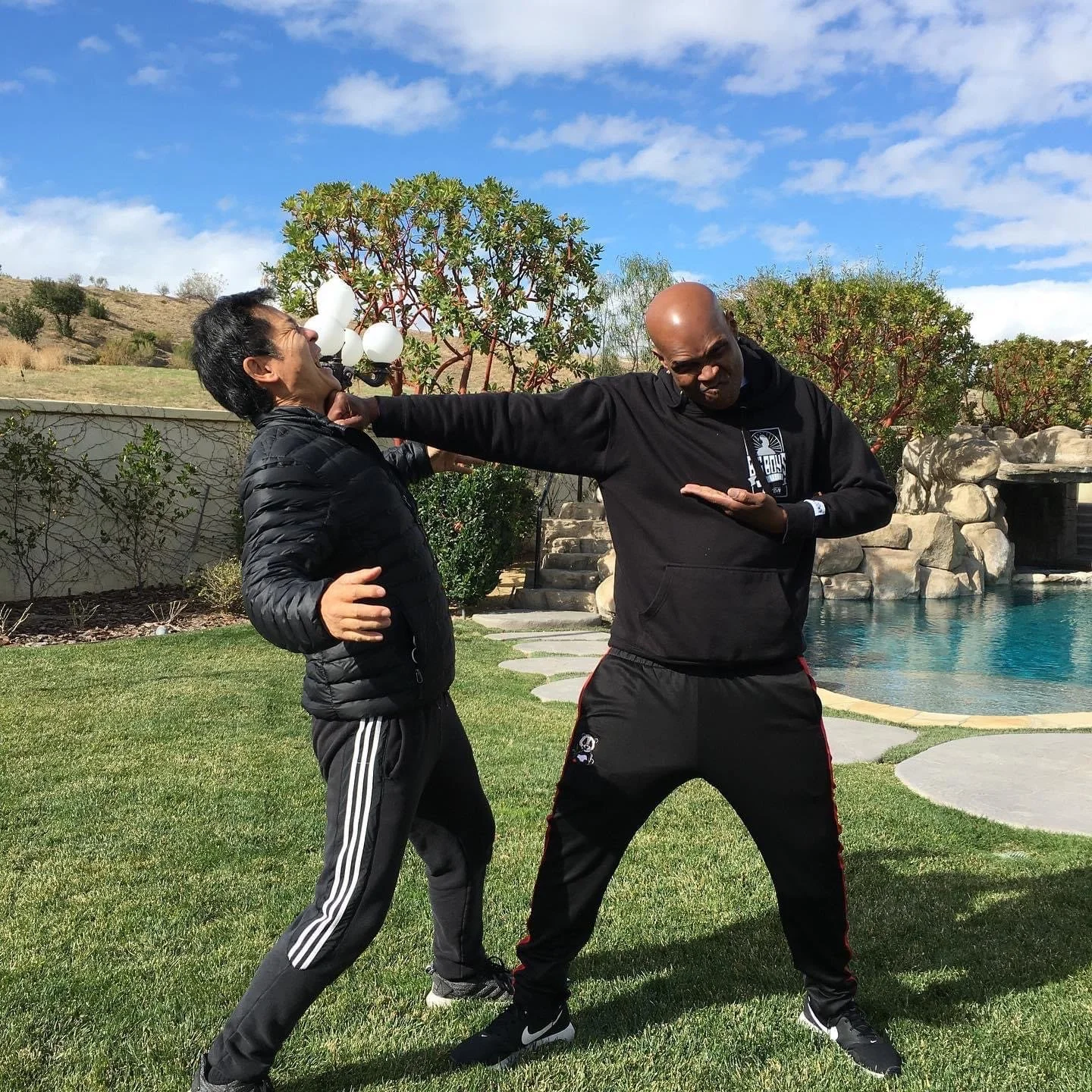 Two men practicing martial arts outdoors by a pool, with one striking a punch and the other blocking.