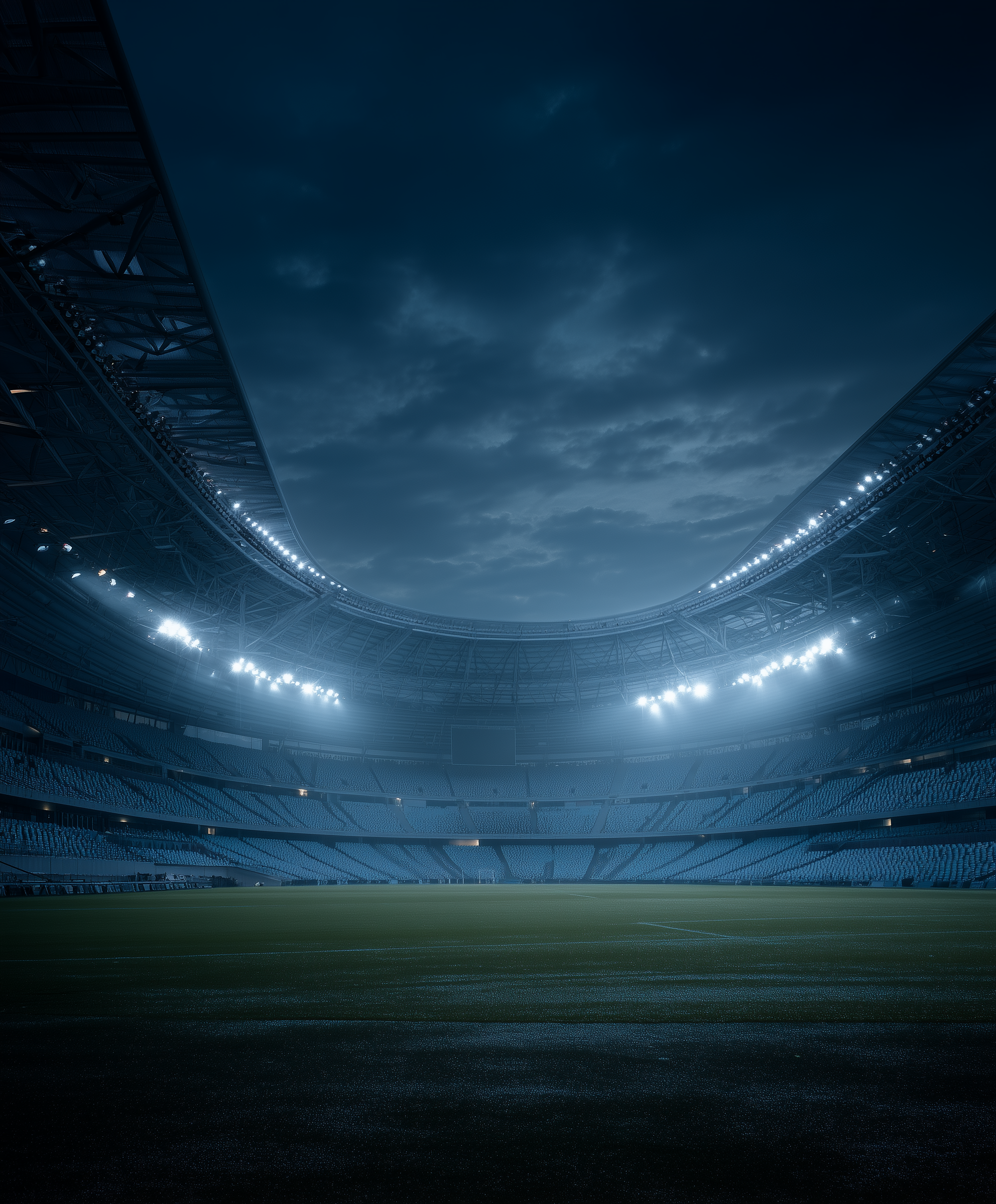 Empty sports stadium under a cloudy evening sky with stadium lights on.