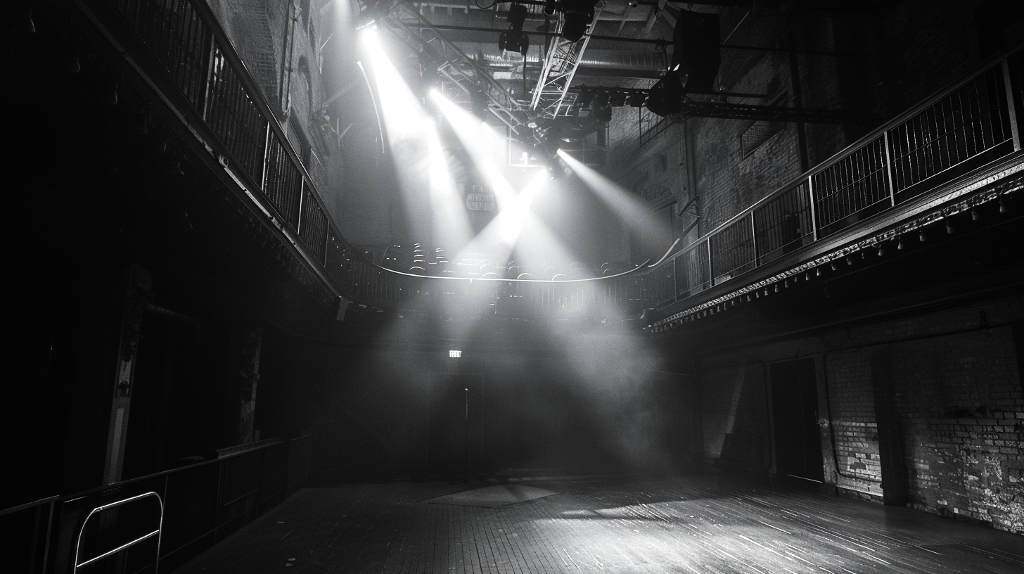 Empty stage with four bright spotlights shining down, overlooking a small concert or event venue with brick walls and metal railings.