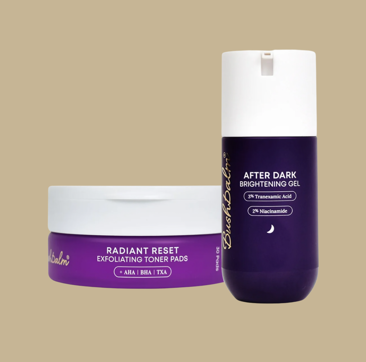 Bushbalm 'Radiant Reset Exfoliating Toner Pads' and a purple bottle labeled 'After Dark Brightening Gel,' Products for Brazilian waxing aftercare sold at Sugar Cookie Waxing Co. Toronto. Brightening and exfoliating serums for Bikini line, underarms