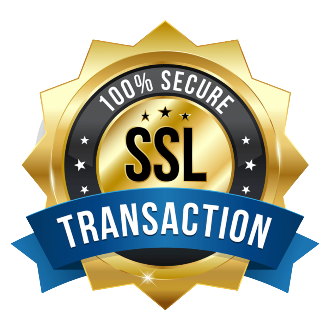 Gold and black badge with blue ribbon reading 'Transaction', featuring 'SSL 100% Secure' in the center.