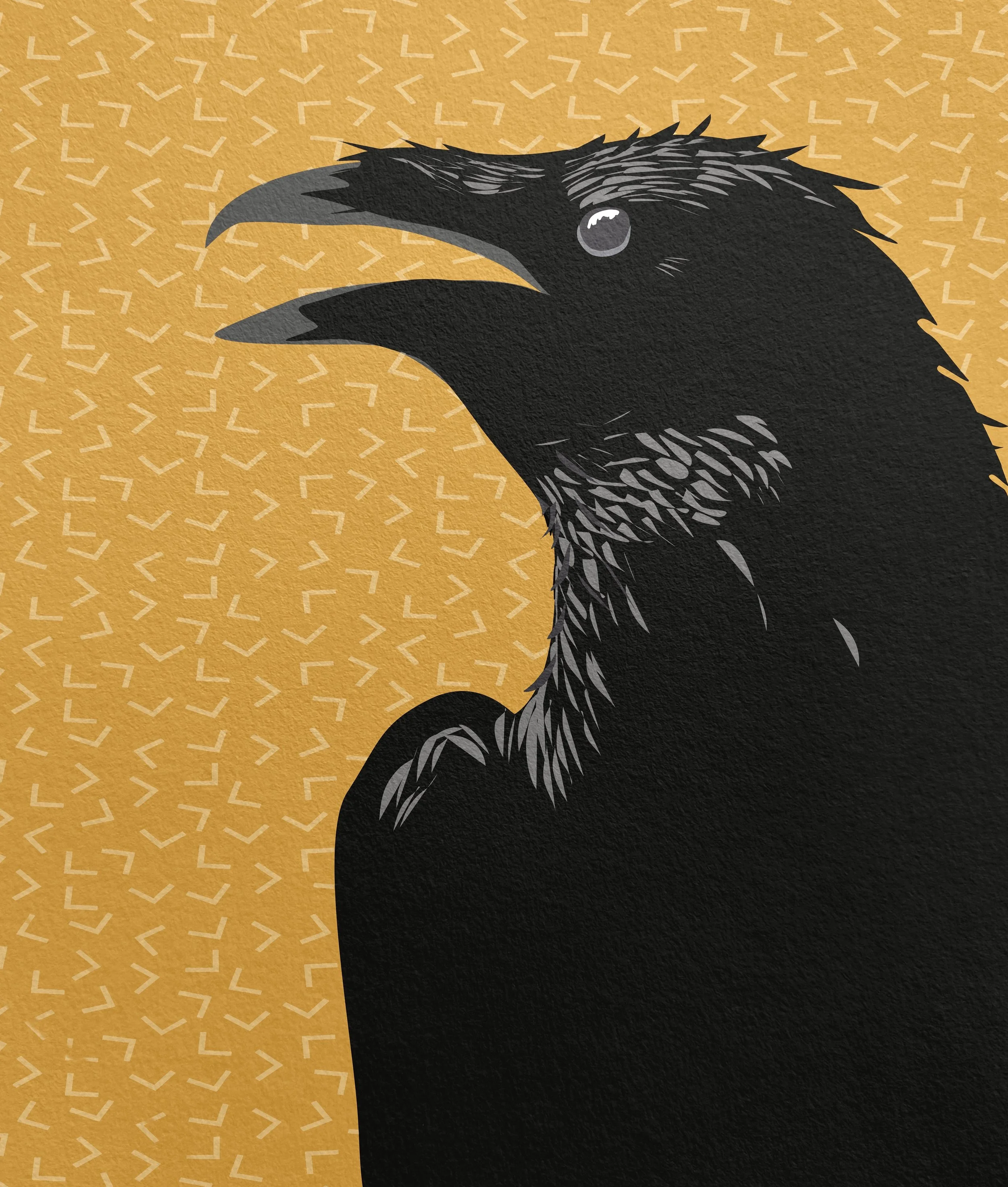 Digital illustration of a black raven against a yellow background with small arrow patterns.