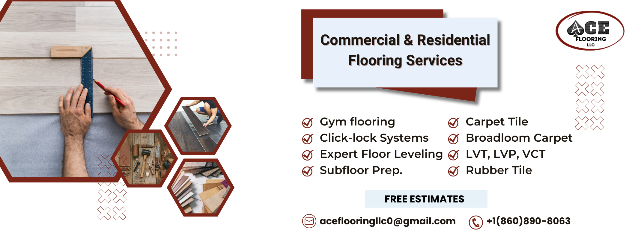 A flyer for ACE Flooring LLC offering commercial and residential flooring services. The flyer features images of flooring installation tools and materials, a person measuring a wooden floor, and text listing services like gym flooring, click-lock systems, expert floor leveling, subfloor preparation, carpet tile, broadloom carpet, and various vinyl options. Contact information and free estimates are also included.