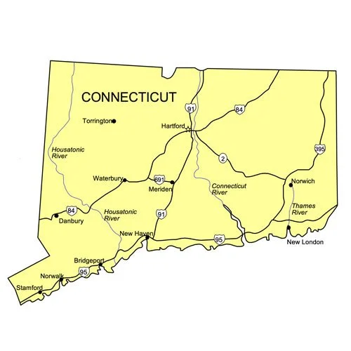 Map of Connecticut showing major cities, highways, and rivers.