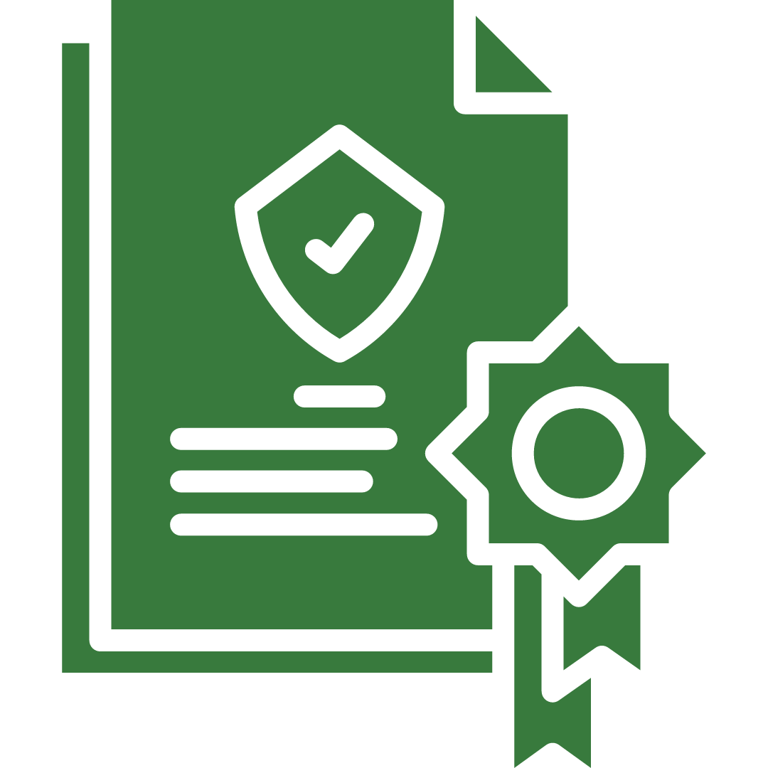 Icona di un documento con uno stemma a scudo con un segno di spunta, simbolo di ufficialità legale del documento.