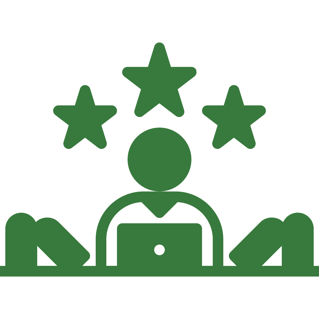 Icona verde di una persona davanti a un laptop con tre stelle sopra la testa, simbolo di qualità.