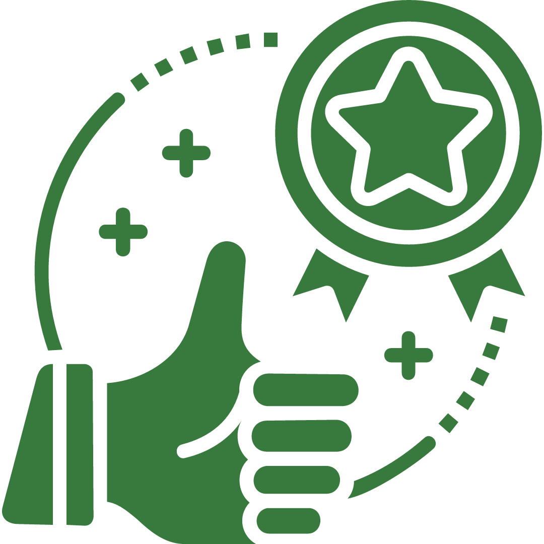 Icona verde con una mano che dà un pollice in su e un certificato con una stella, simbolo di riconoscimento.