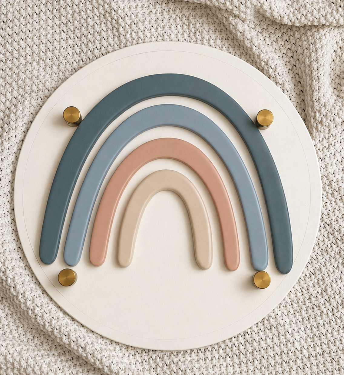 Boho style rainbow on a white wooden circle.
