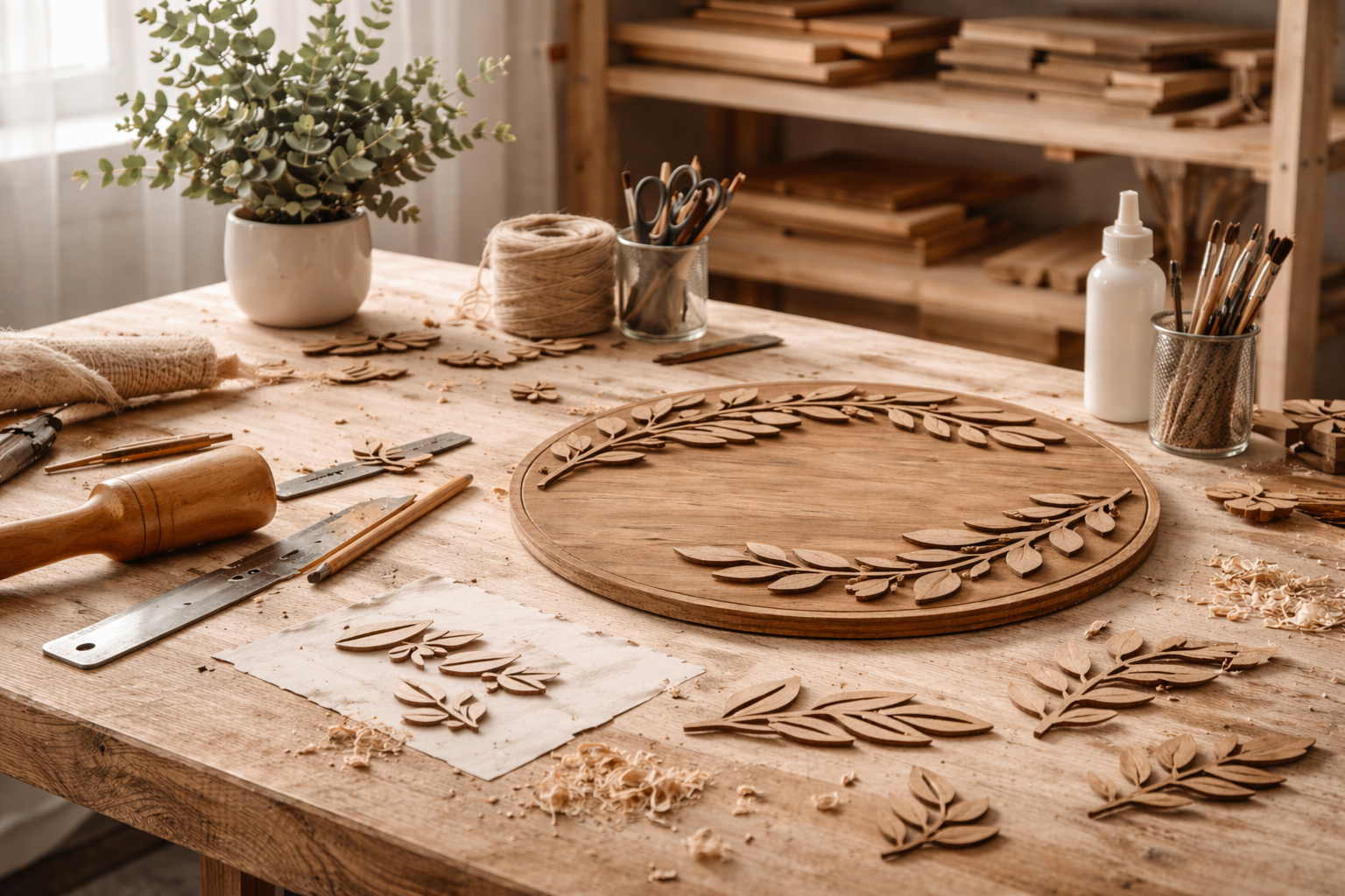 Wooden sign on a table with wood carving tools.