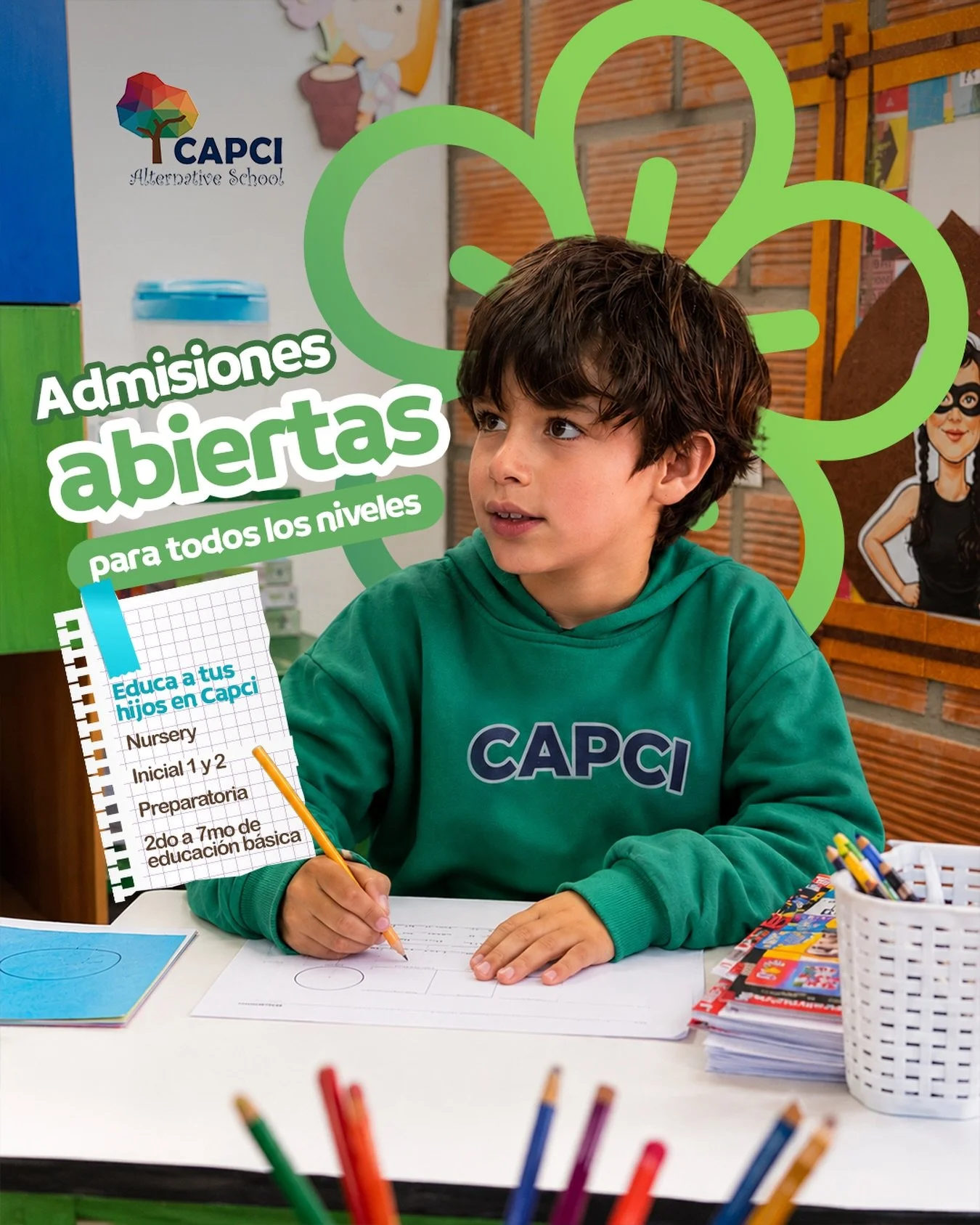 🌟 CAPCI Alternative School: Donde el aprendizaje cobra vida 🌟

📣 &iexcl;Las admisiones ya est&aacute;n abiertas para todos los niveles! 

Ofrecemos una propuesta educativa &uacute;nica para acompa&ntilde;ar a los ni&ntilde;os desde los primeros pa