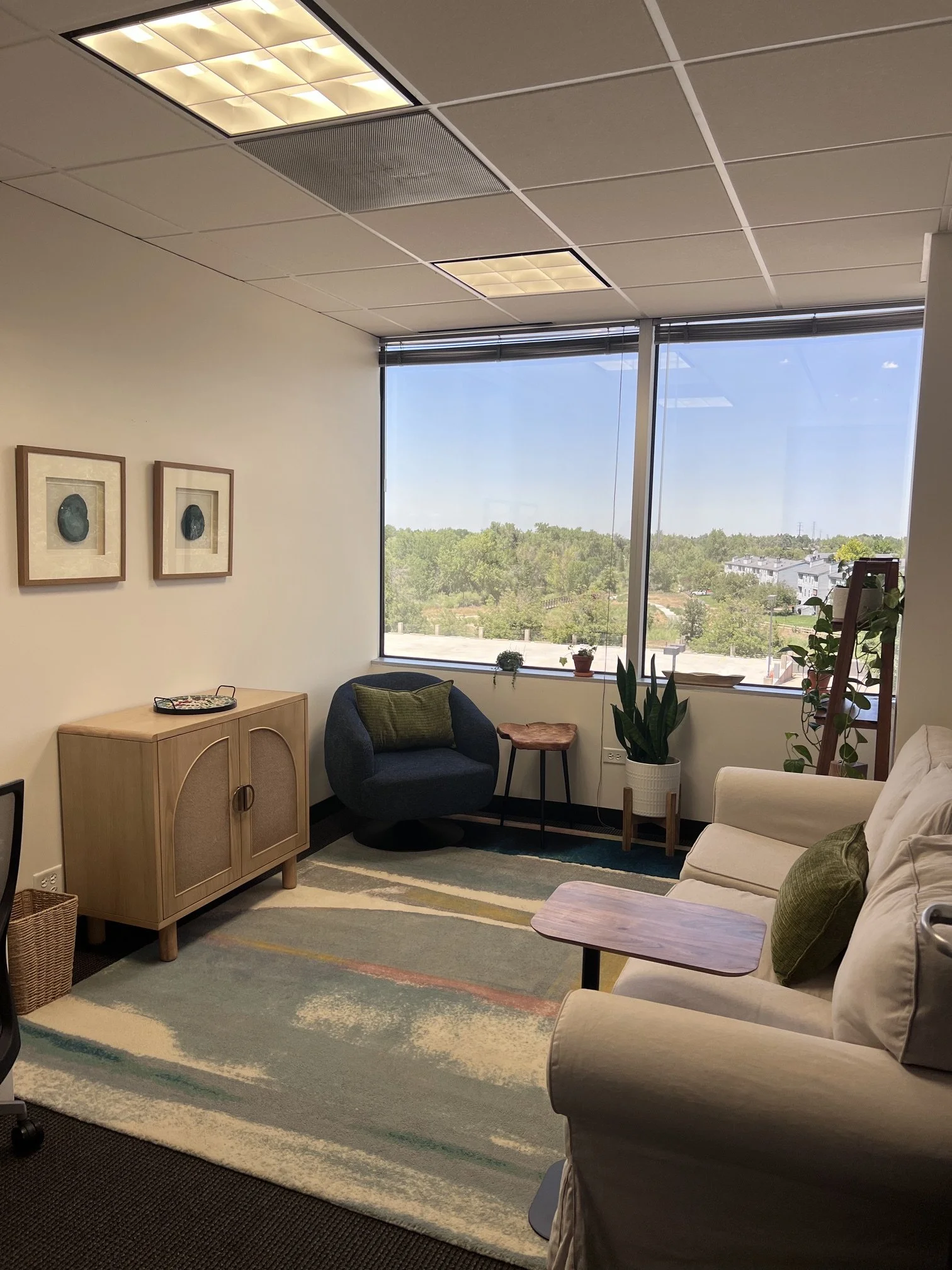 A cozy office space with a large window overlooking greenery and houses, decorated with two framed art pieces on a plain wall, indoor plants, a dark armchair with green pillows, a beige sofa with green pillows, a wooden side table, a wooden cabinet, and a colorful area rug.