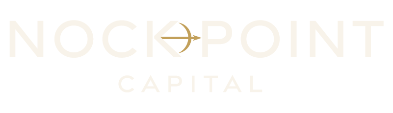 Logo for Nock Point Capital with text in white and a black background, featuring a stylized target symbol in between the words.