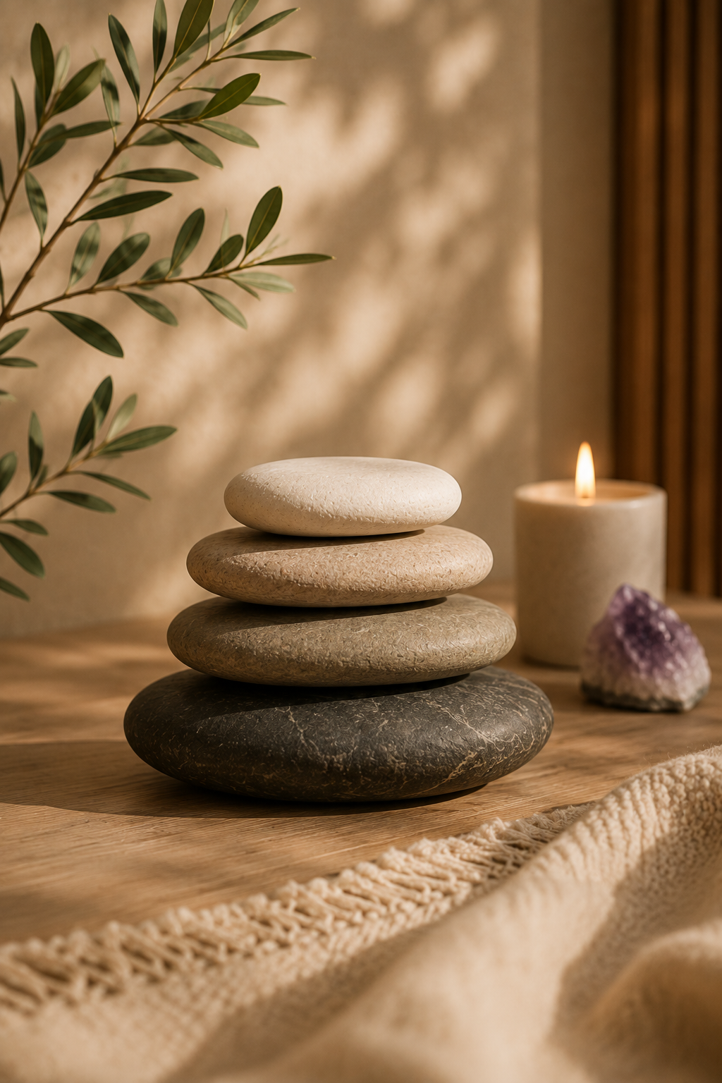 Smooth stones stacked in warm natural light with green leaves, representing grounding and balance.