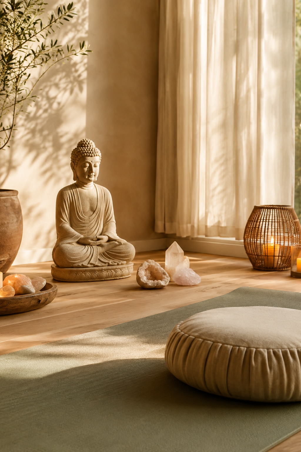 Yoga mat with Buddha statue, crystals and candles in a warm naturally lit meditation space.