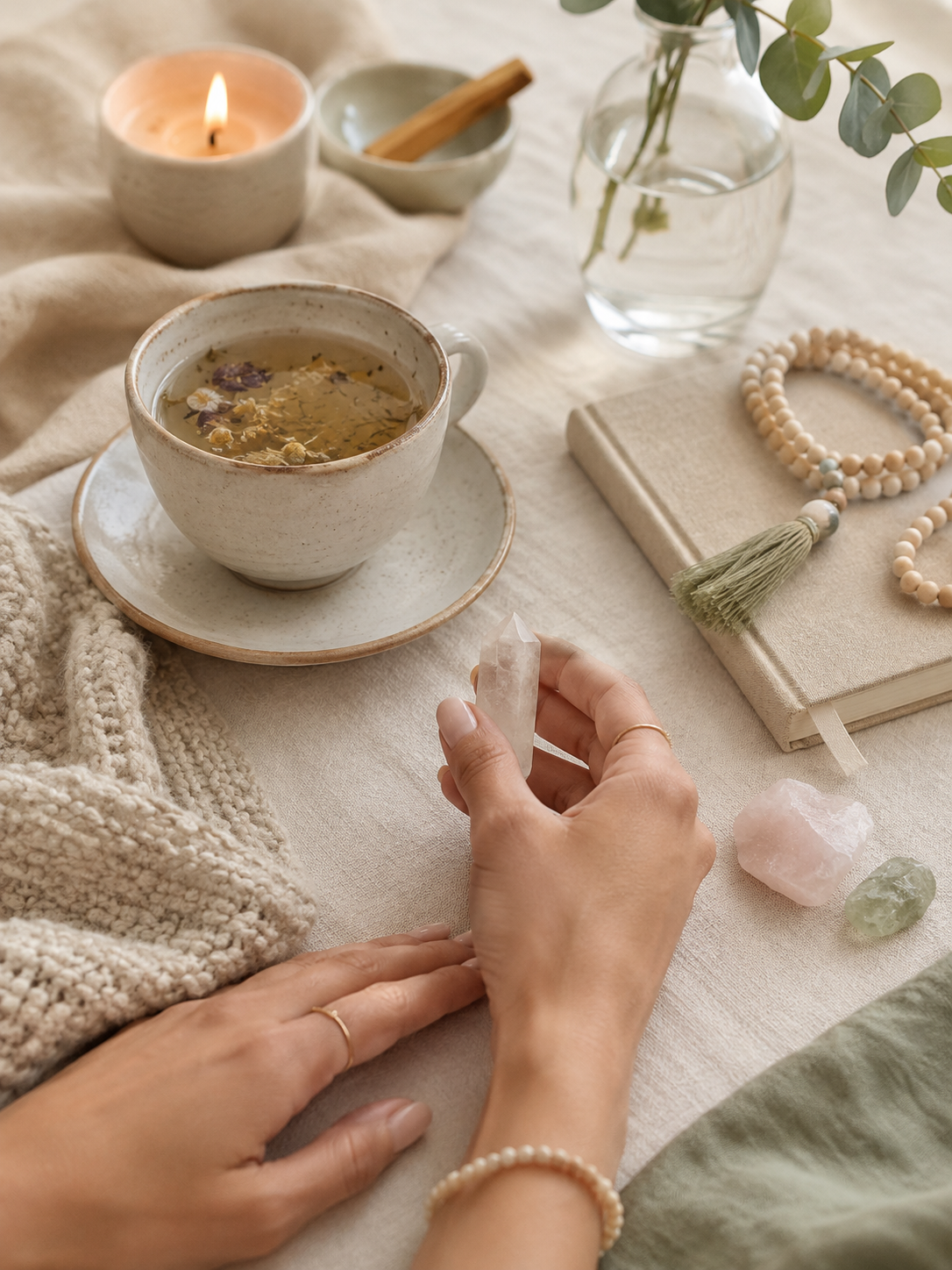 Hands holding a clear quartz crystal beside herbal tea, a candle, mala beads and crystals in a calm beige and sage setting.