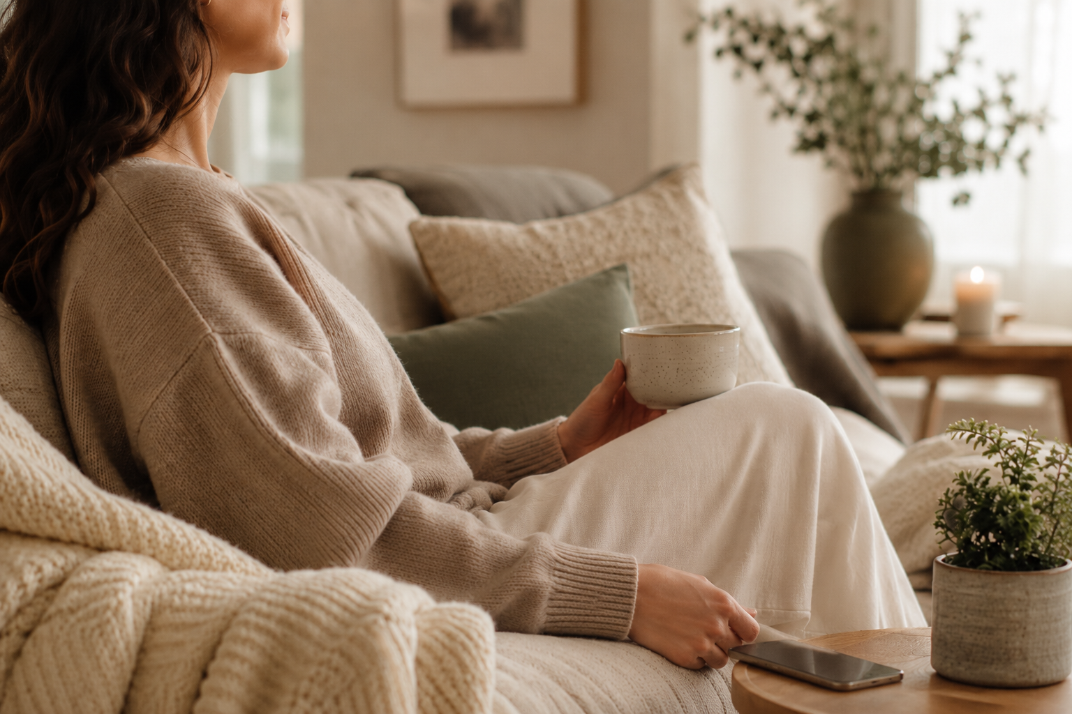 Woman relaxing on a sofa with a cup of tea and a smartphone resting nearby in a warm, peaceful home setting.