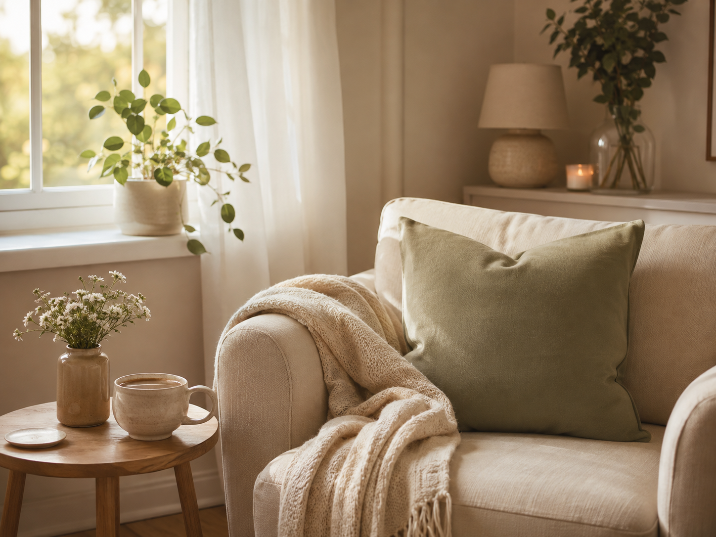Warm, calm living room corner with a soft beige armchair, cozy textiles, a lit candle, a cup of tea, and natural light creating a peaceful atmosphere.
