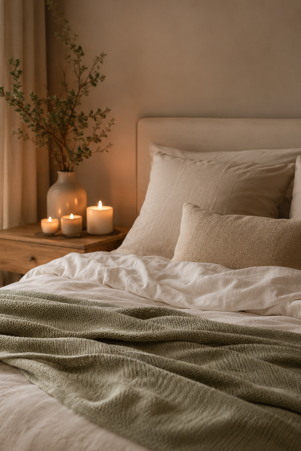 Warm bedroom with soft bedding and glowing candles, creating a restful setting for sleep support.