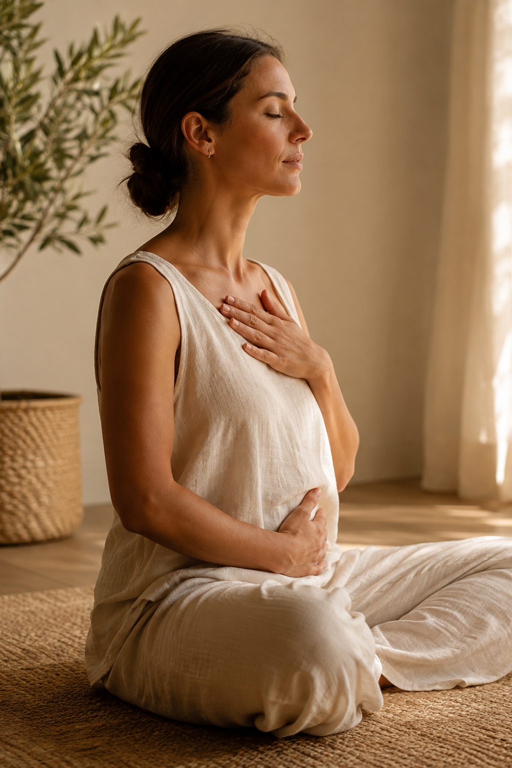 Woman practising mindful breathing with one hand on her chest and one on her abdomen in warm natural light.