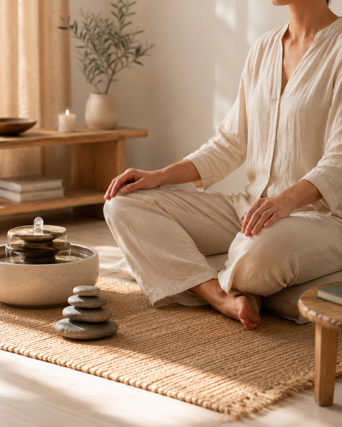 Person sitting calmly on a floor cushion beside a small indoor water fountain and stacked stones in a warm, softly lit room.
