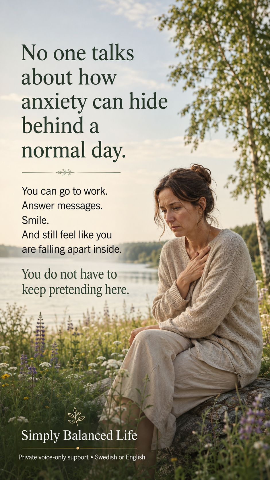 A woman sits alone beside a peaceful summer lake with one hand against her chest, representing the hidden anxiety people may carry behind an ordinary day.