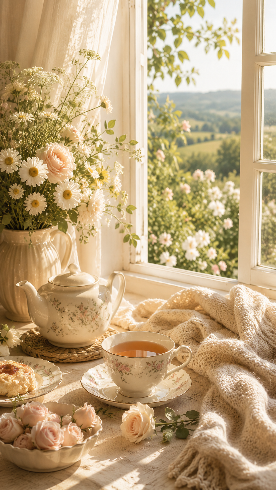 A soft romantic window scene with tea, flowers, gentle daylight, and warm peaceful tones, symbolizing one gentle conversation and a calm place to begin.