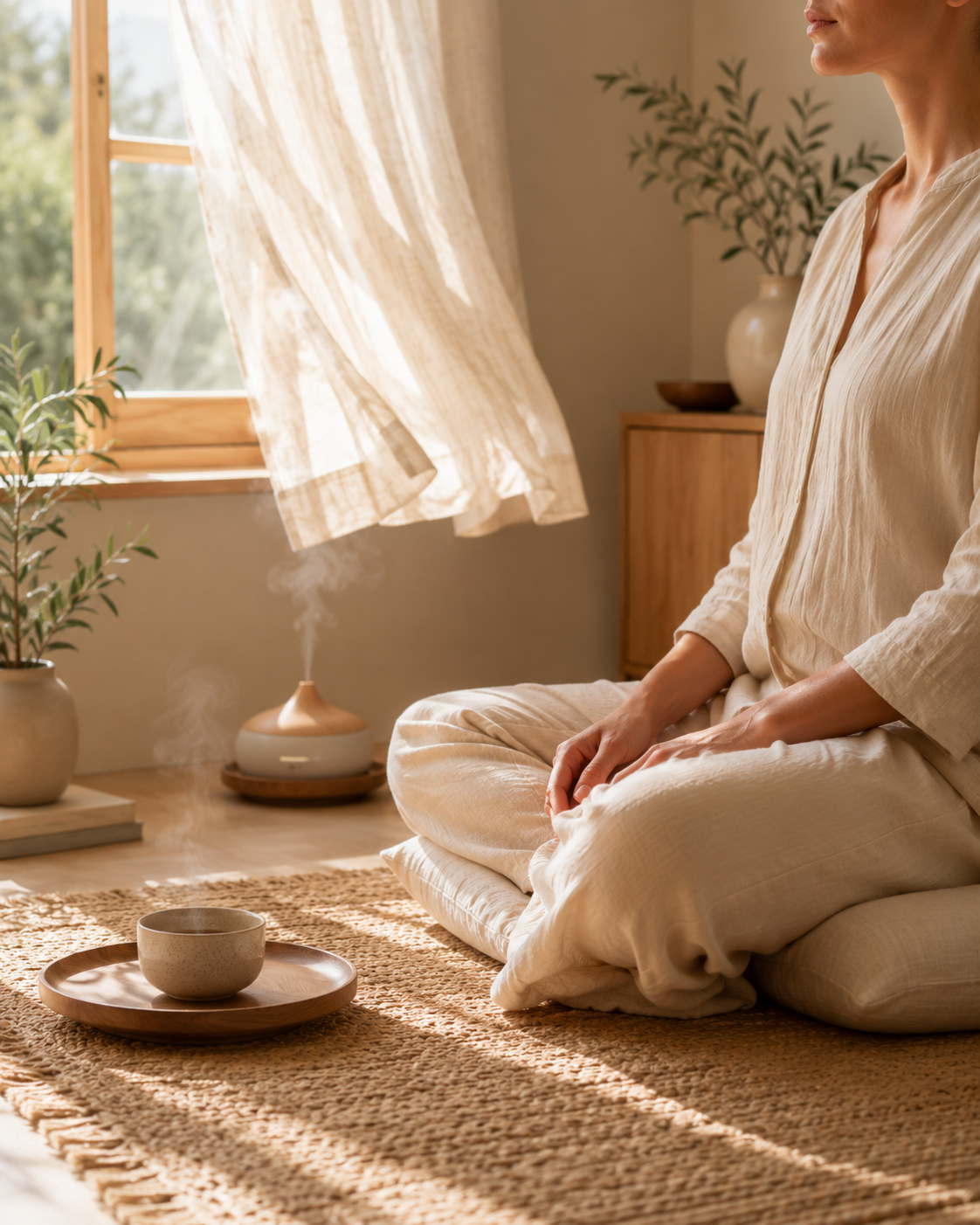 Person sitting calmly on a floor cushion near an open window with a soft curtain and gentle steam in a warm, softly lit room.