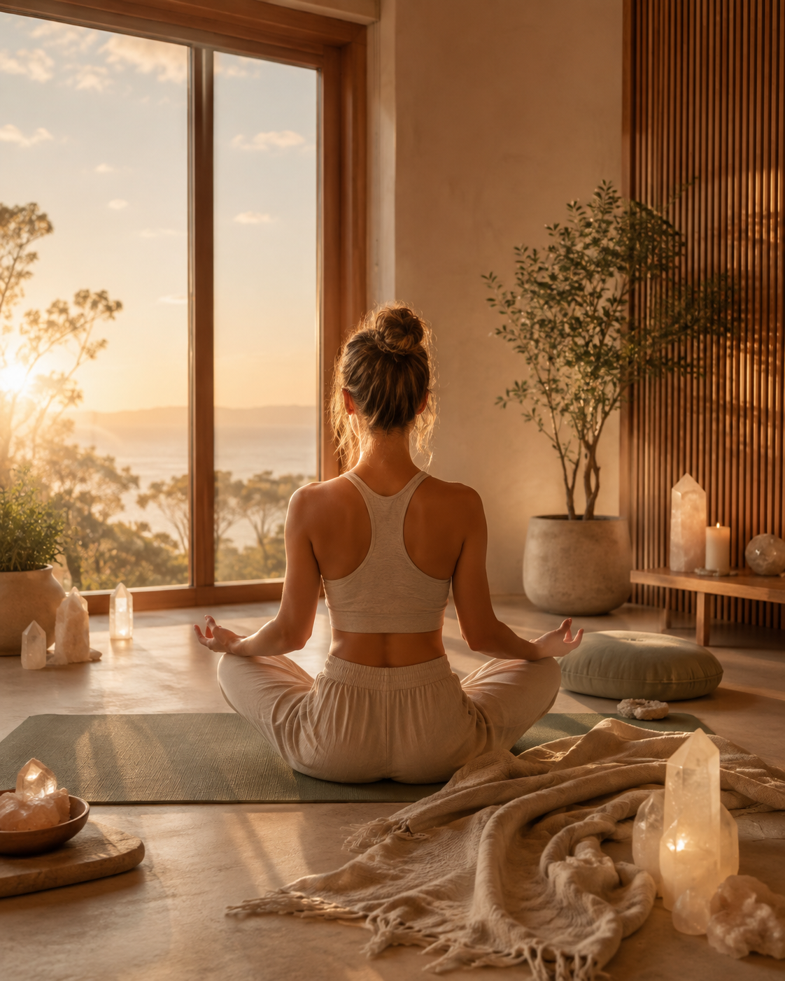 A woman meditating at sunrise in a warm, natural room with crystals, soft beige tones, wood details, and a peaceful wellbeing atmosphere.